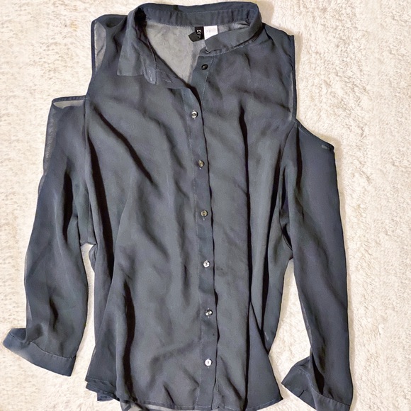 Divided Tops - DIVIDED Cold Shoulder Sheer Button Down Shirt